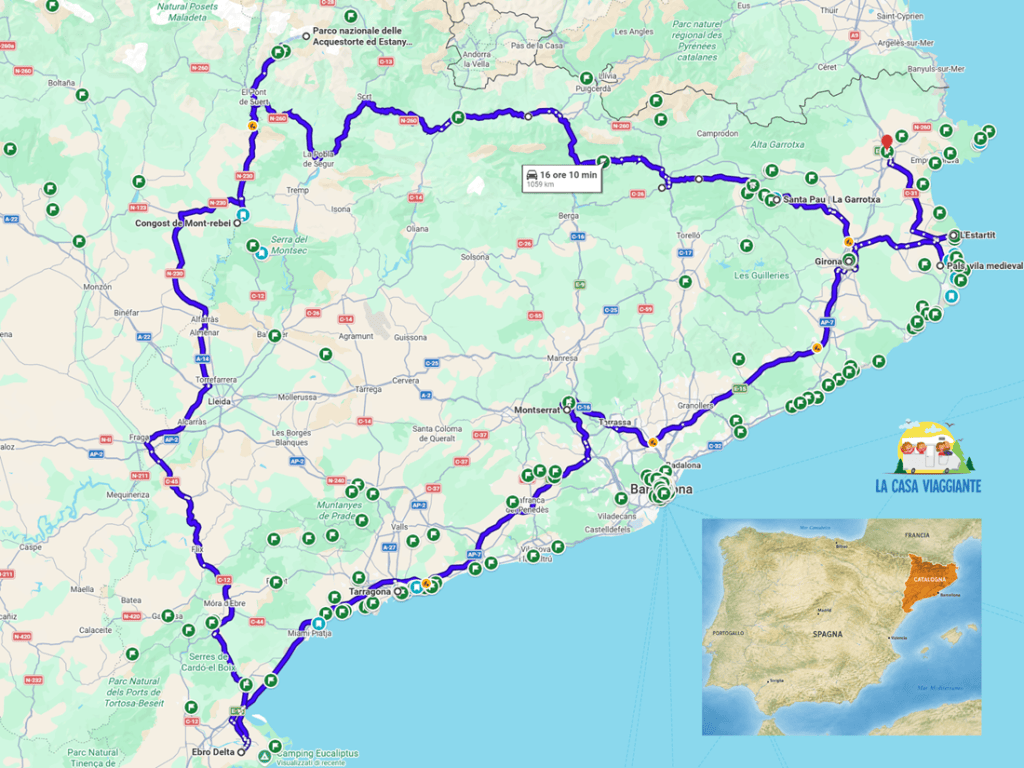 Mappa della Catalogna che evidenzia percorsi e attrazioni turistiche, con indicazioni su strade e località.